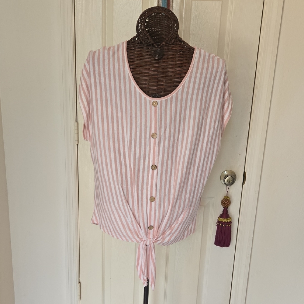 Striped Pink Button-Down Tie-Front Top